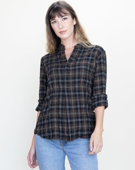 Monet Top Chestnut Plaid Crinkle