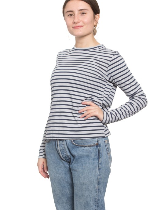 Classic Long Sleeve Stripe Tee in Pale Grey