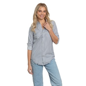 Western Shirt in White Blue Stripe Denim